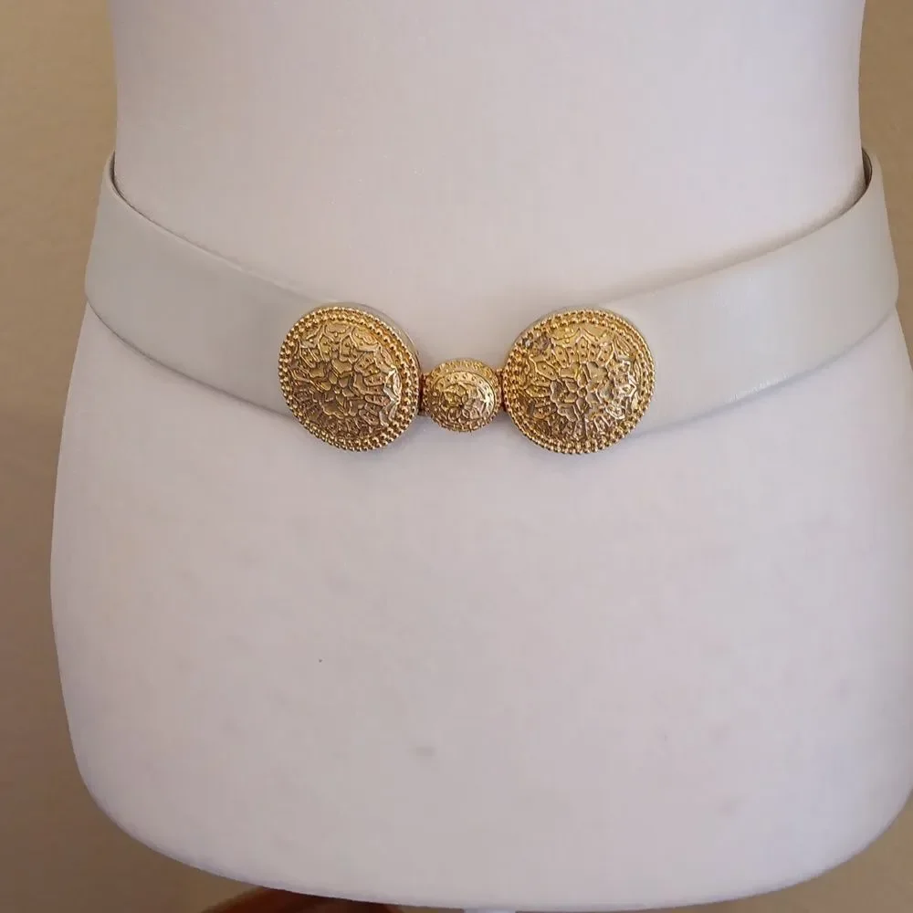 Vintage Judith Leiber Gold Embellished Women's Adjustable White Leather Belt.